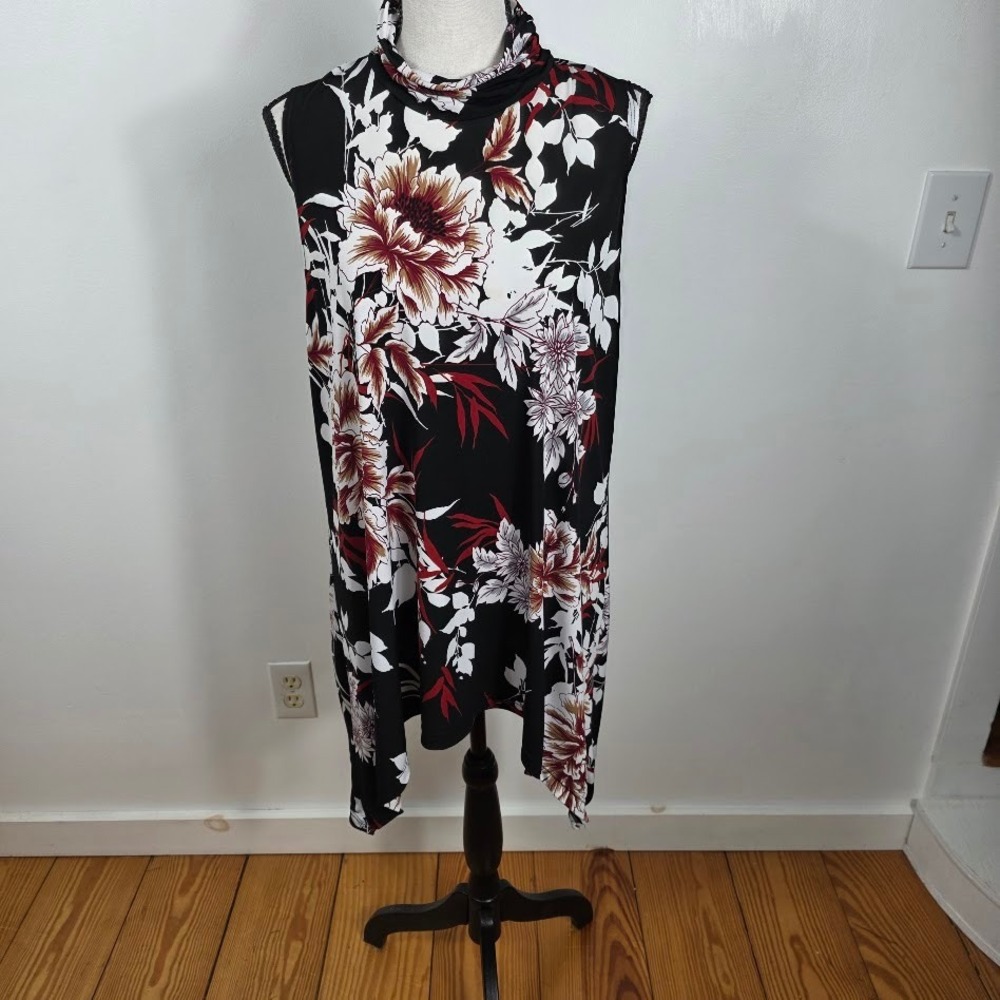 LBisse‎ Floral Sleeveless Tunic Top Womens 1X Black Red White SharkBite Hem